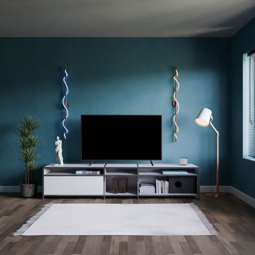 Free Elegant modern living room interior with a blue accent wall, television, and stylish lighting. Stock Photo