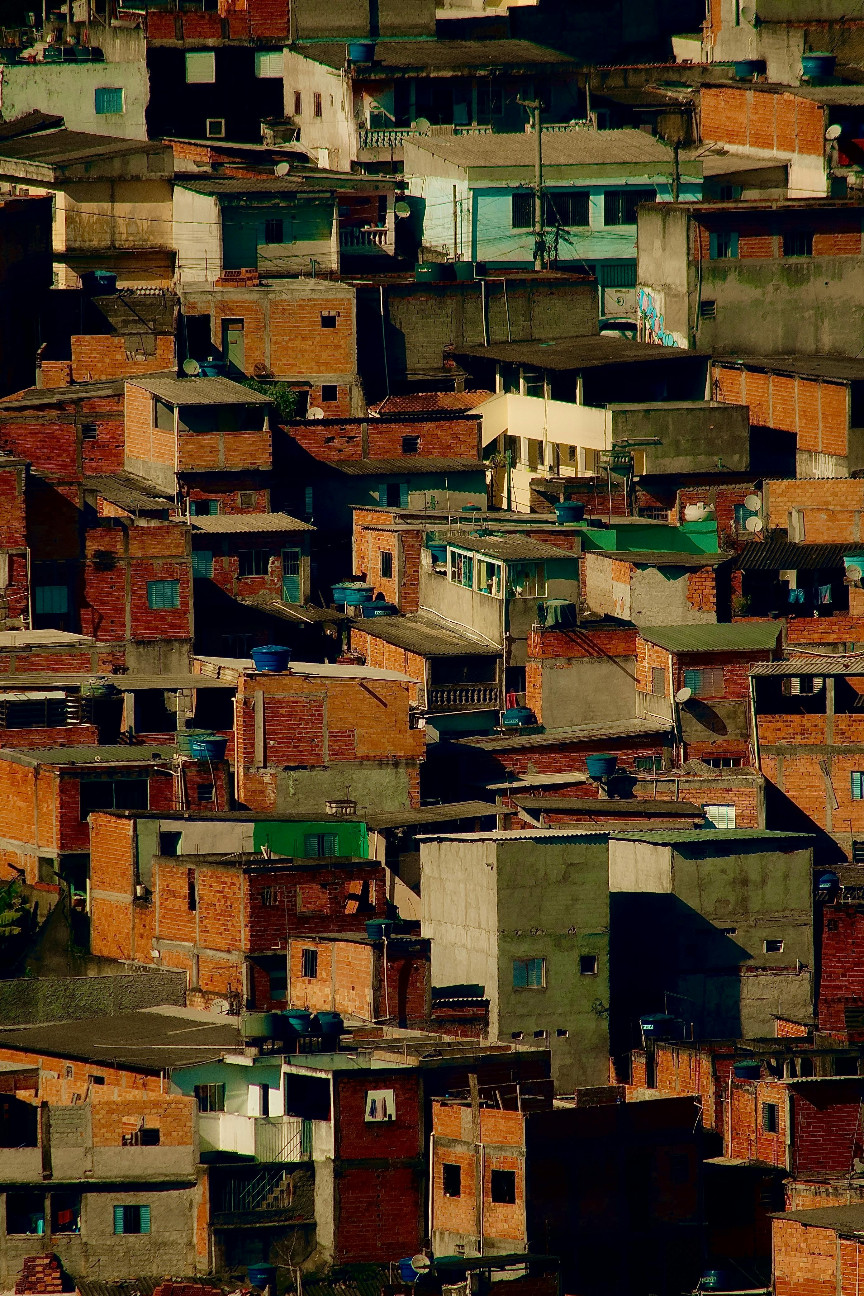 Aerial view of the vibrant rooftops in a São Paulo favela, Brazil.