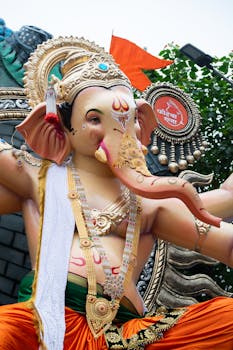 A colorful statue of Lord Ganesha during the Ganesh Chaturthi festival in Mumbai.
