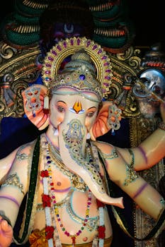 Gorgeous Ganesh statue adorned for celebration in Mumbai, India.