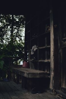 一栋废弃房屋的复古木门廊，在日光下被绿色植物包围