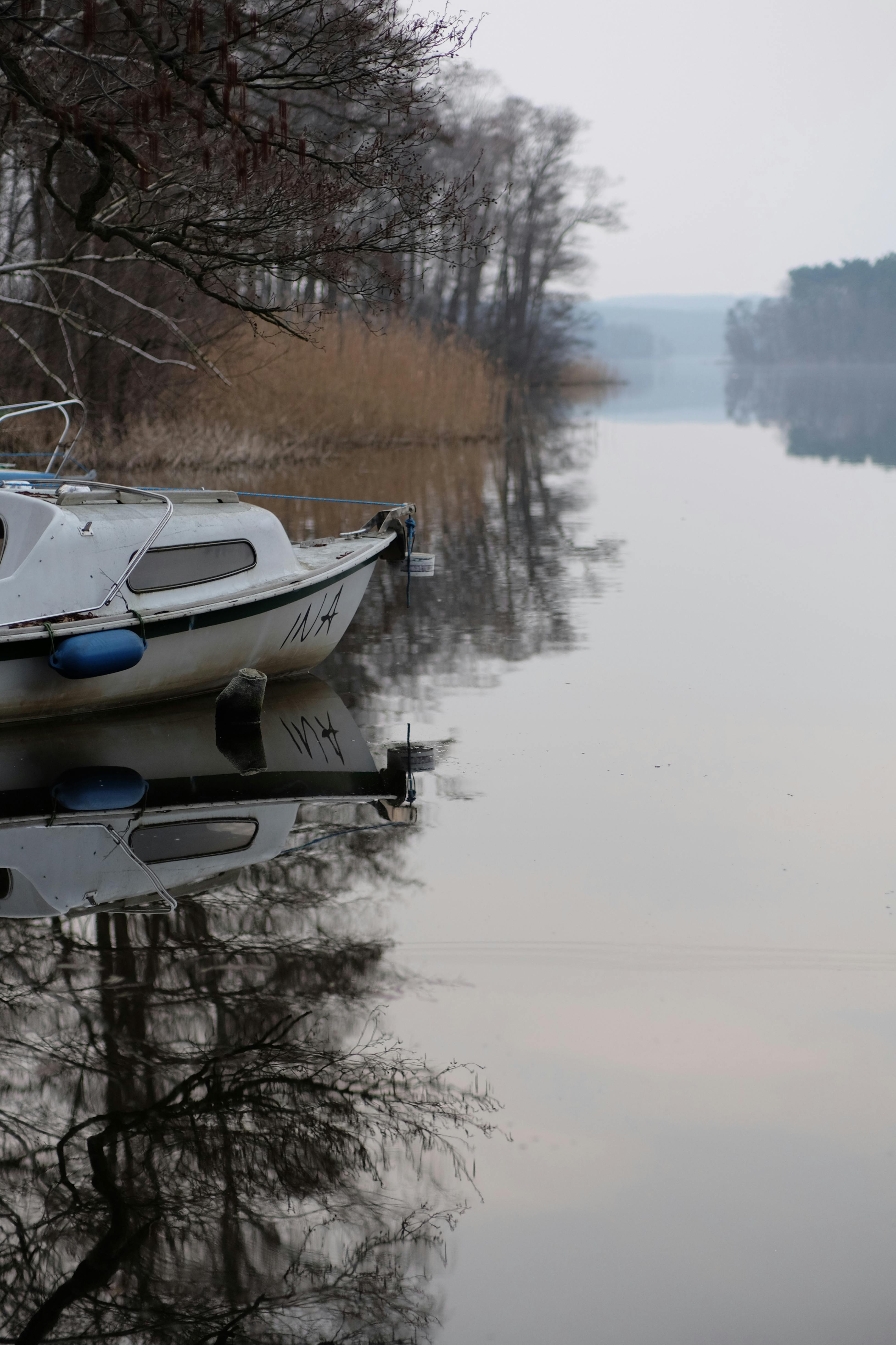 a boat is parked on the shore of a lake