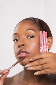 A young woman elegantly applying lipstick, showcasing beauty and style indoors.