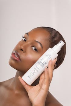 Studio portrait of a young black woman holding a cosmetic spray bottle against a white background.