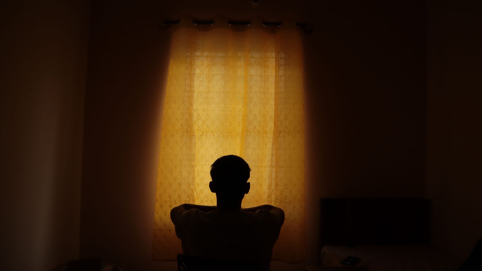 An adult seen from behind, seated facing a window with curtains