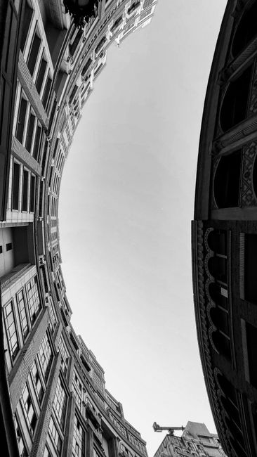 Black and white upward view of urban architecture forming a curved structure.