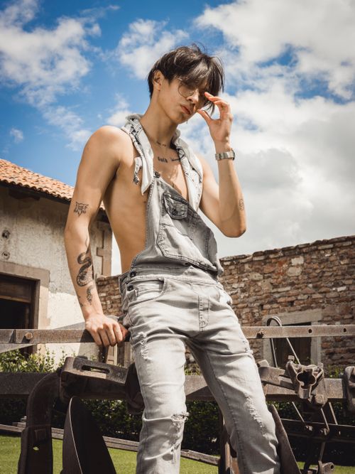 Free Trendy young man wearing sunglasses and denim overalls in a rustic outdoor setting. Stock Photo