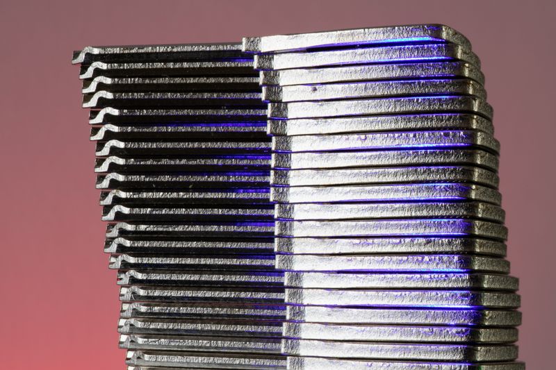 Stack of processed silicon wafers used in semiconductor manufacturing