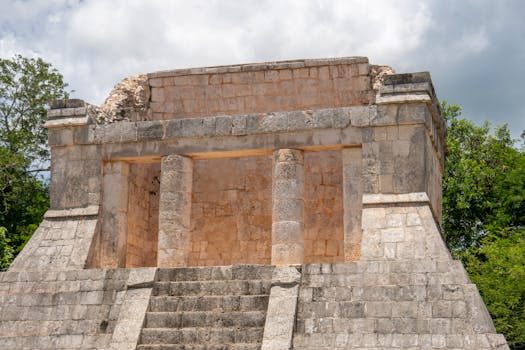 Explore the ancient stone ruins of a temple at Chichén Itzá, Mexico under a cloudy sky.
