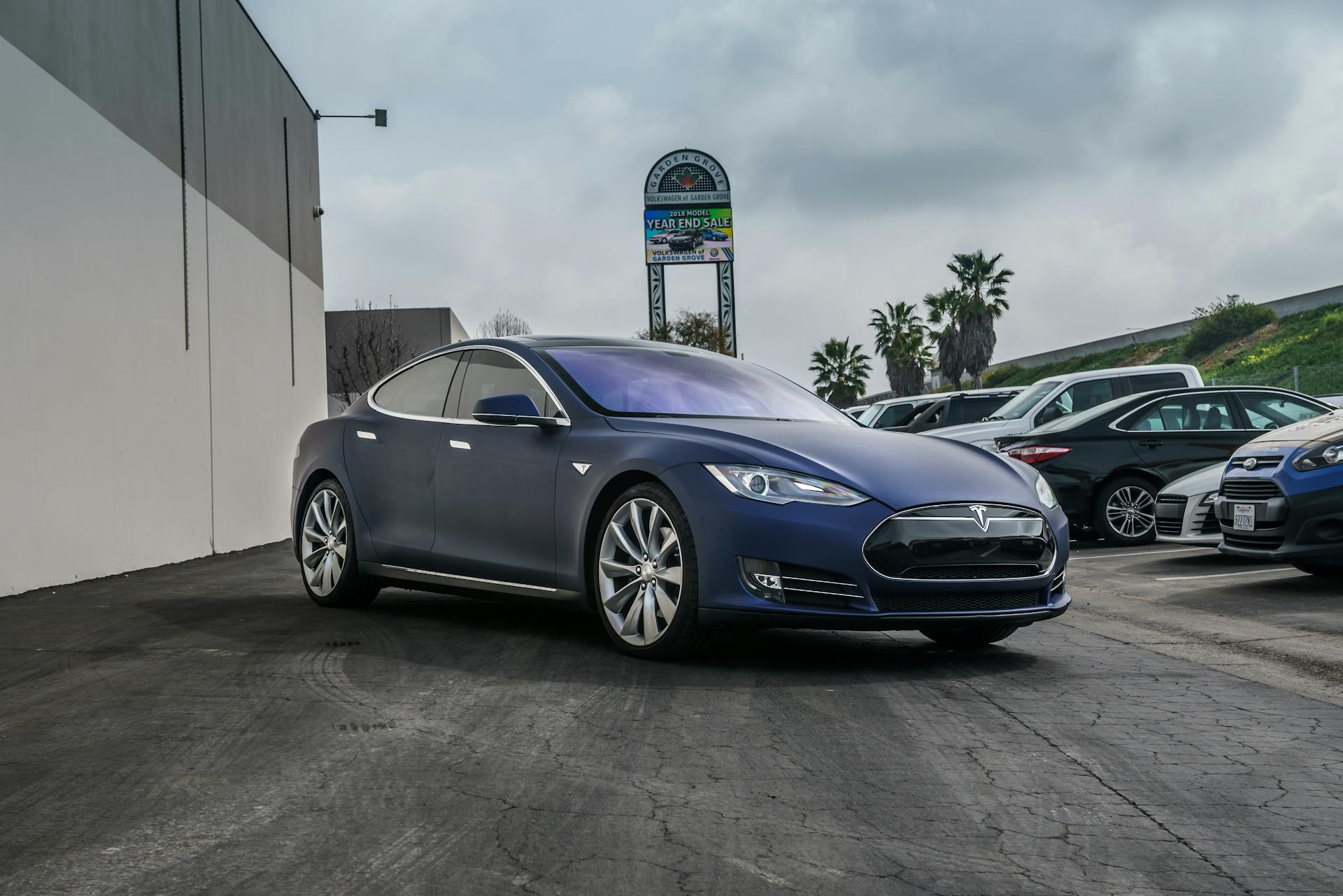 Navy Blue Tesla Model S in the Parking Lot