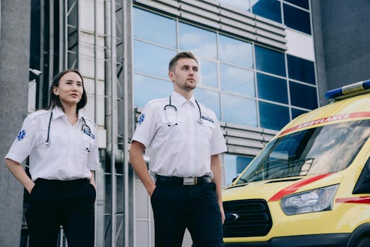 Two paramedics in uniform standing by an ambulance in an urban setting, ready to respond.