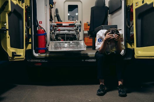 Paramedic in distress sitting by an ambulance after a stressful emergency call.