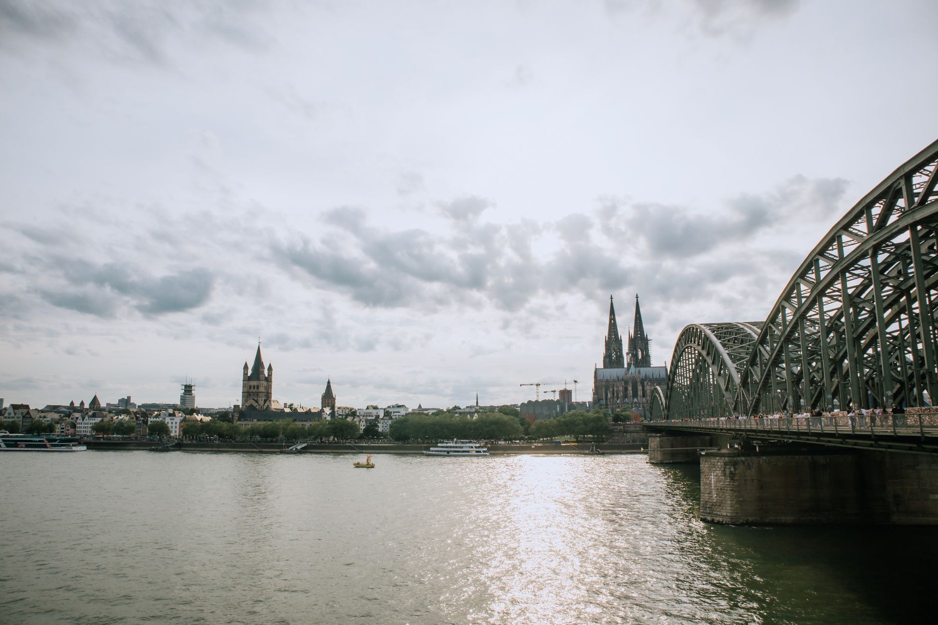 Cologne Rhine river view from above gondola perspective
