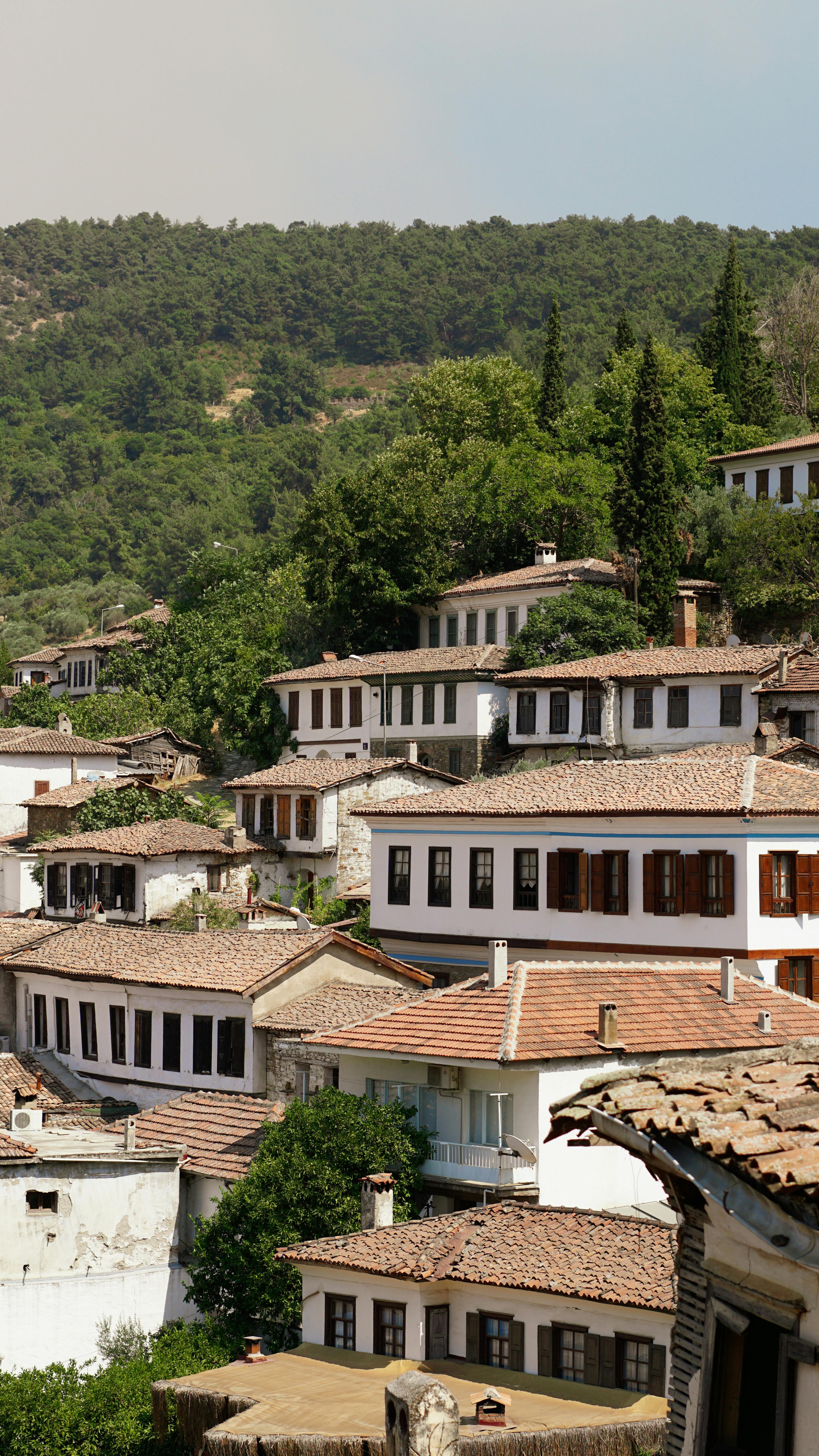 a view of a village with many buildings