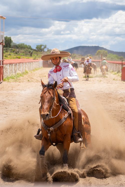 Free A skilled charro riding a horse in a traditional event in San Juan Tizahuapan, Mexico. Stock Photo