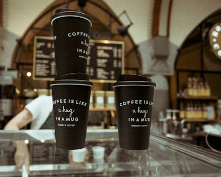 现代咖啡馆里，三个时尚的一次性咖啡杯散发着温暖和舒适的气息