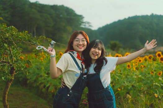 Two friends enjoying a sunny day in a vibrant sunflower field in Dalat, Vietnam.