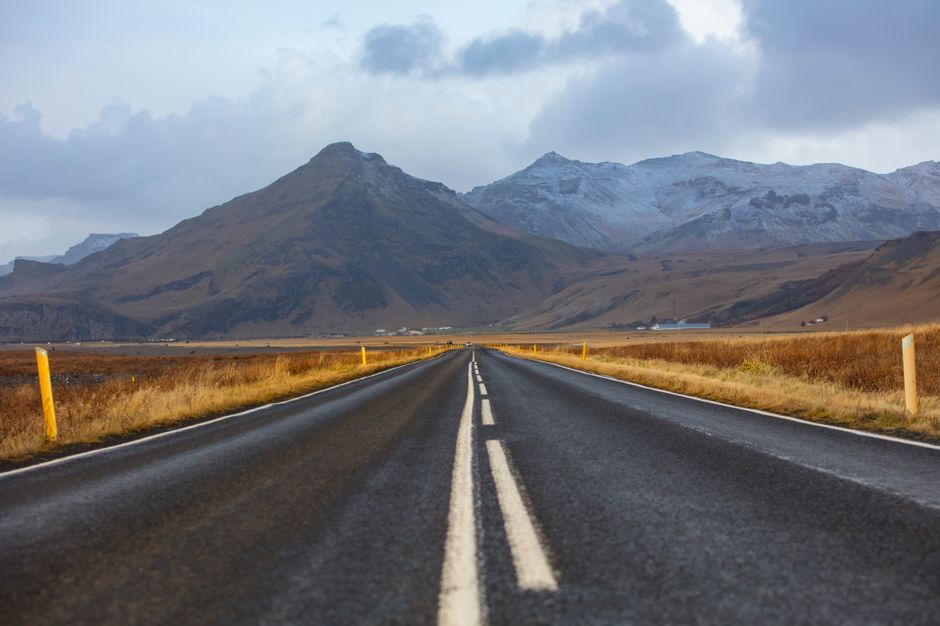 Panoramic view of the Ring Road winding through a vast Icelandic landscape