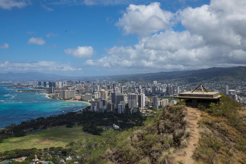 Breathtaking view of Honolulu skyline with ocean from Diamond Head Crater.