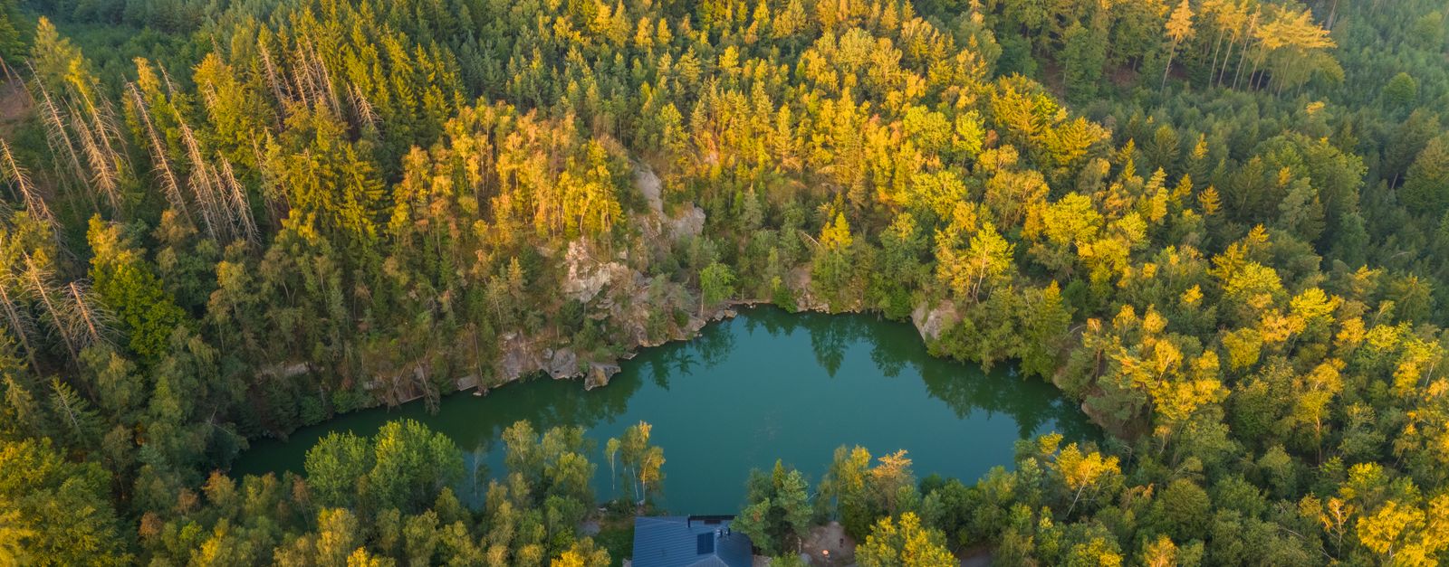 Stunning aerial view of a tranquil lake surrounded by dense forest in Havlíčkův Brod, Czechia.