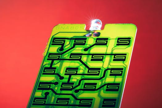 Close-up of a green circuit with intricate patterns on a vibrant red background, ideal for technology themes.