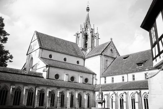 A black and white photo of a church