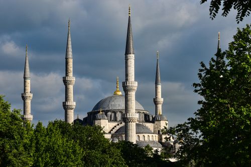Free Majestic view of Blue Mosque's domes and minarets in Istanbul, surrounded by lush greenery. Stock Photo