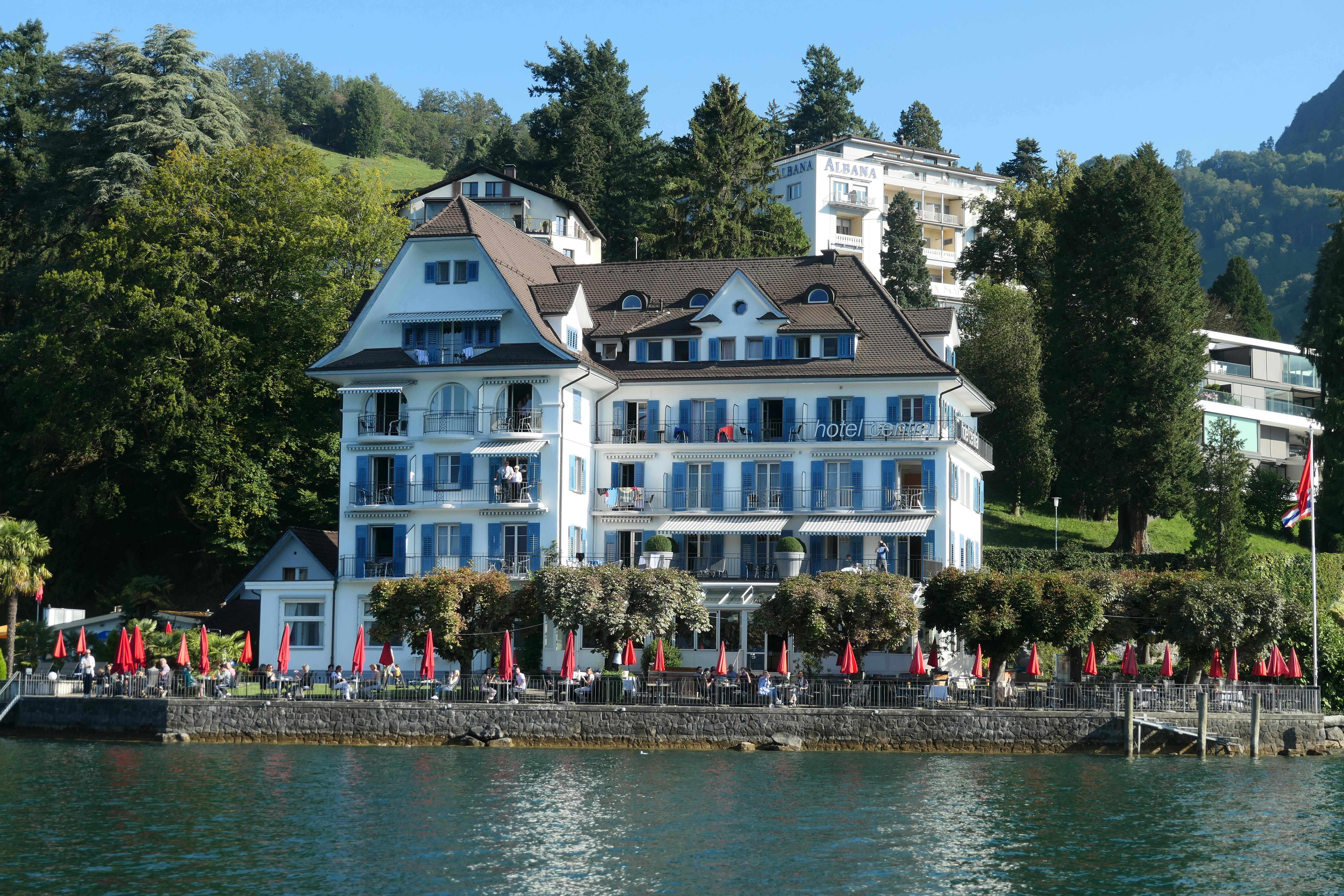 Elegant hotel on Lake Lucerne's shores in Weggis, Switzerland.