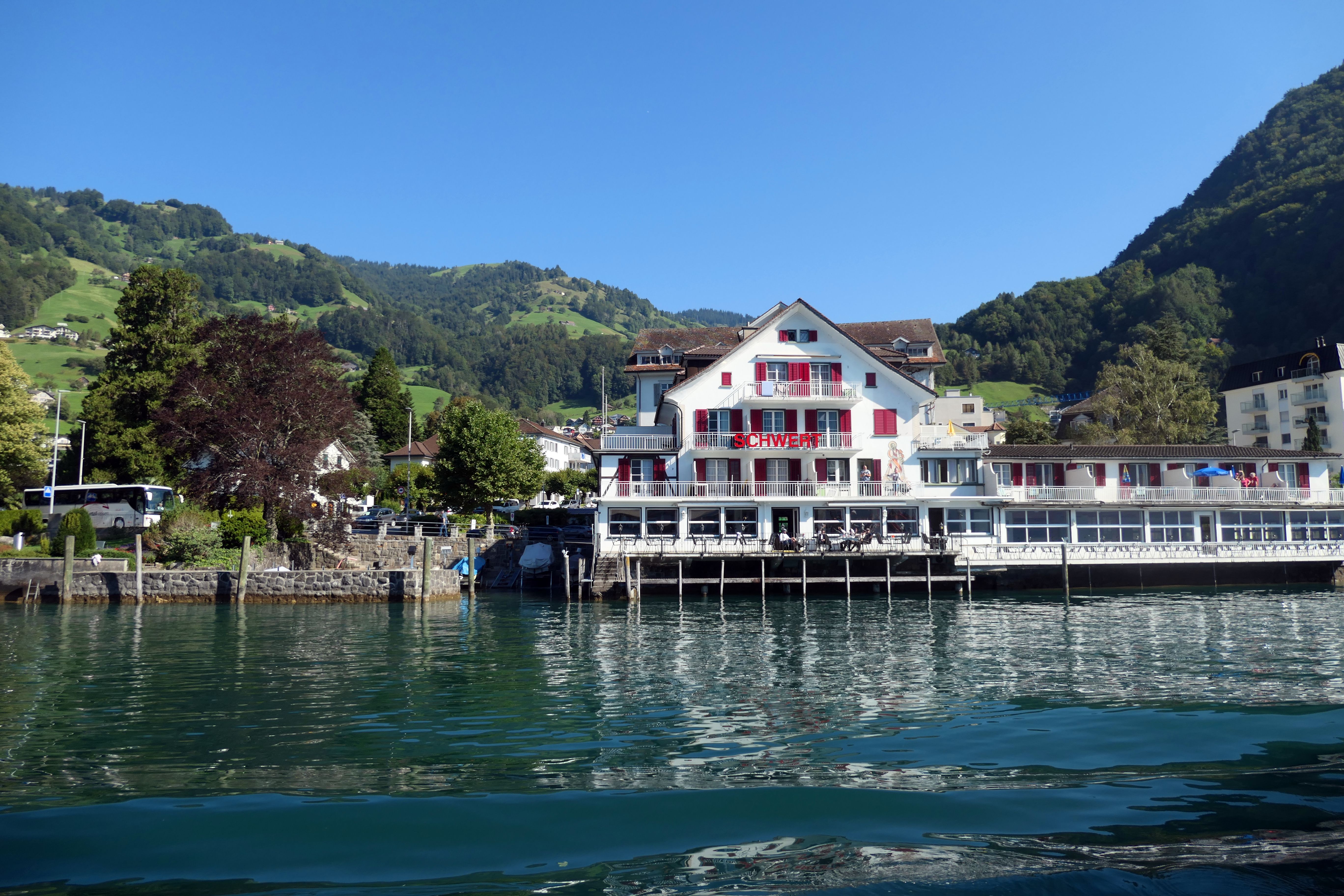 Lucerne Chapel Bridge and Mount Pilatus reflection in the lake