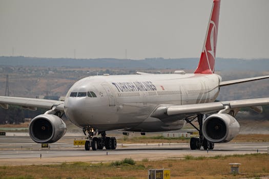 Turkish Airlines Airbus jet prepares for takeoff at Madrid airport.