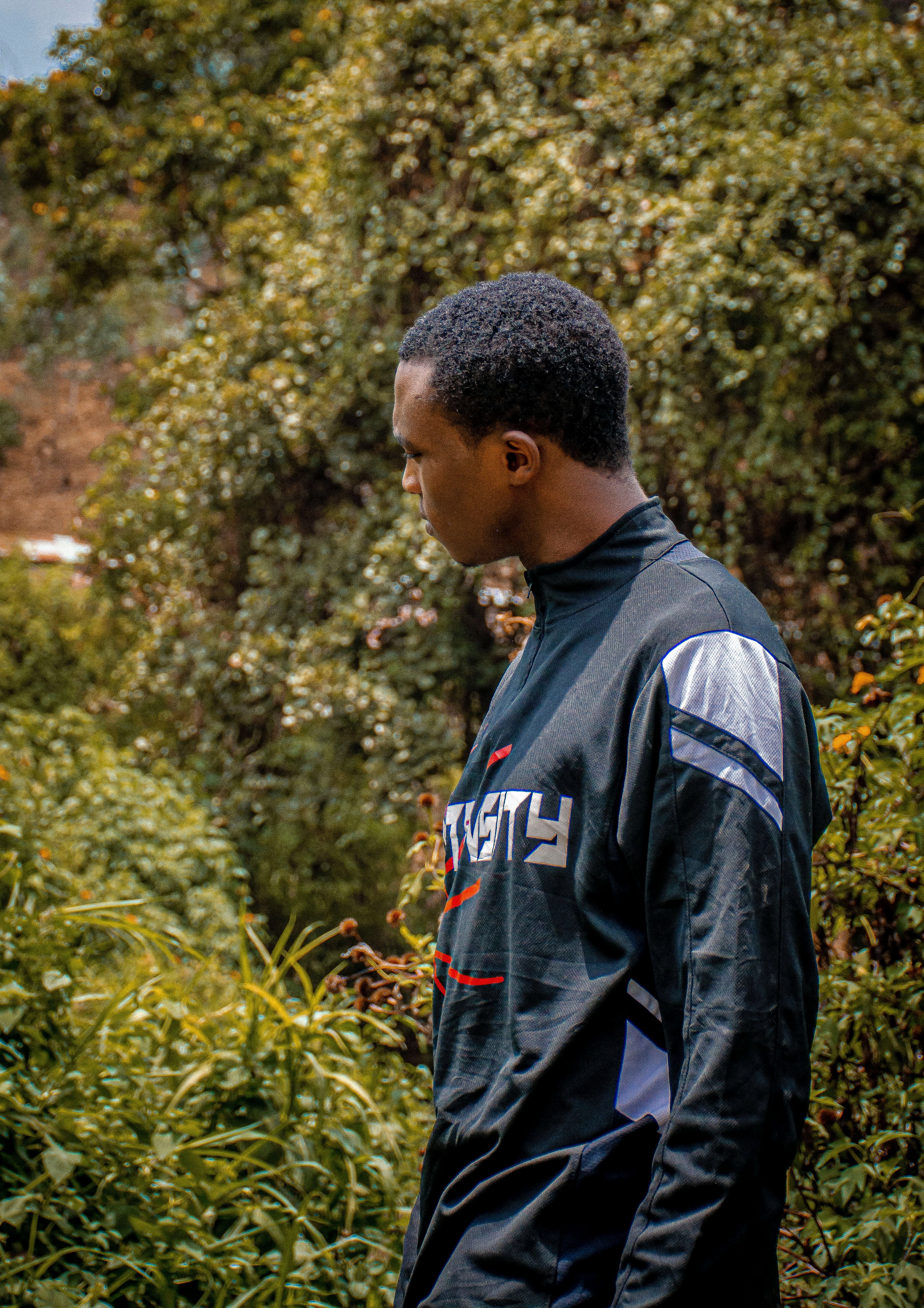 A young man in casual wear explores a vibrant green forest on a sunny day.