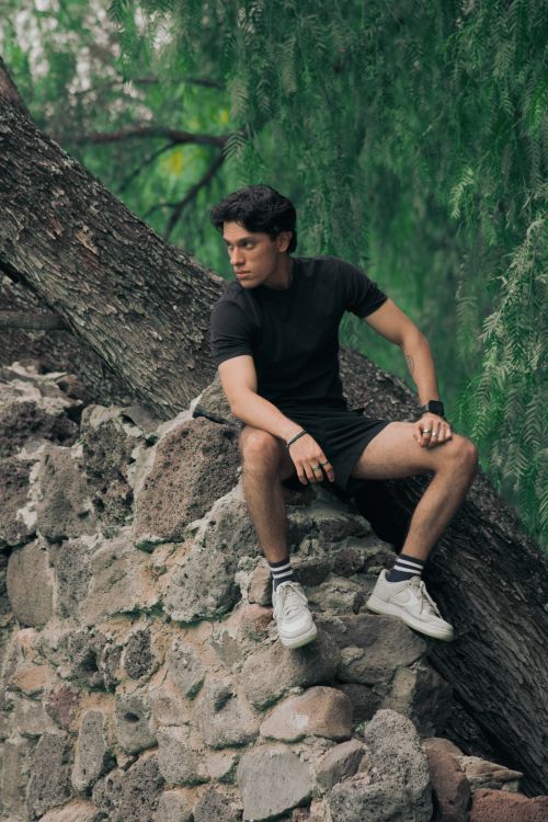 Free A young man in casual wear sits on rocks amidst a lush forest in León, Mexico. Stock Photo