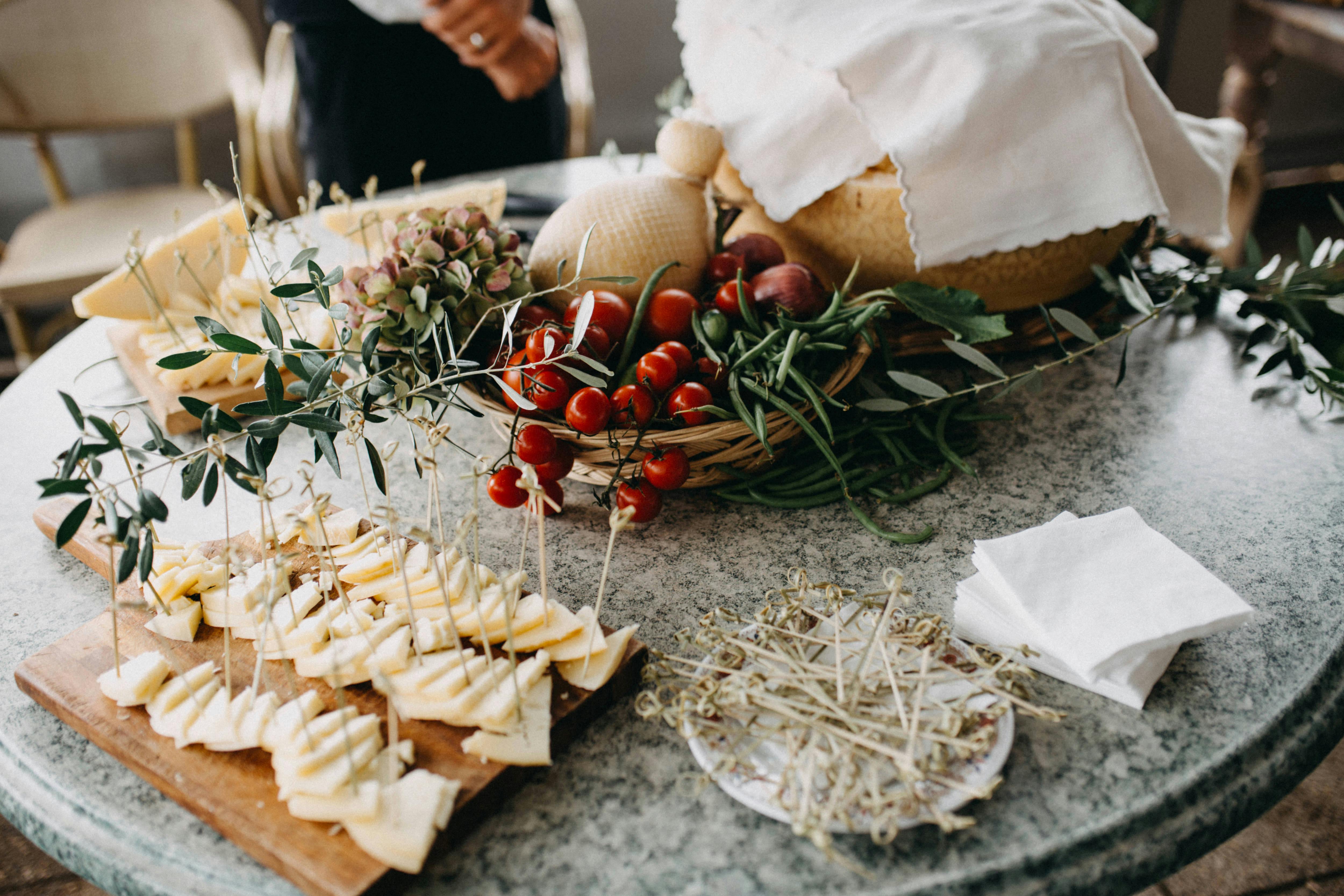 finger foods on top of a grey marble table