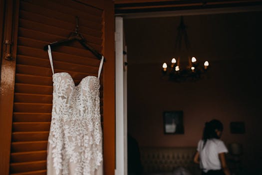 A beautiful wedding dress hanging inside a room in Beirut, Lebanon.