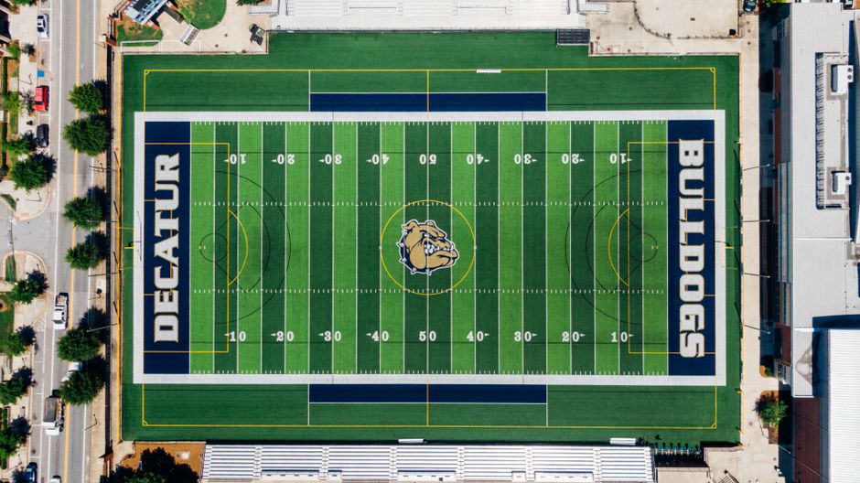 Professional services | Premier Private Rides Top-down view of Decatur High School's Bulldogs football field in Georgia, USA.