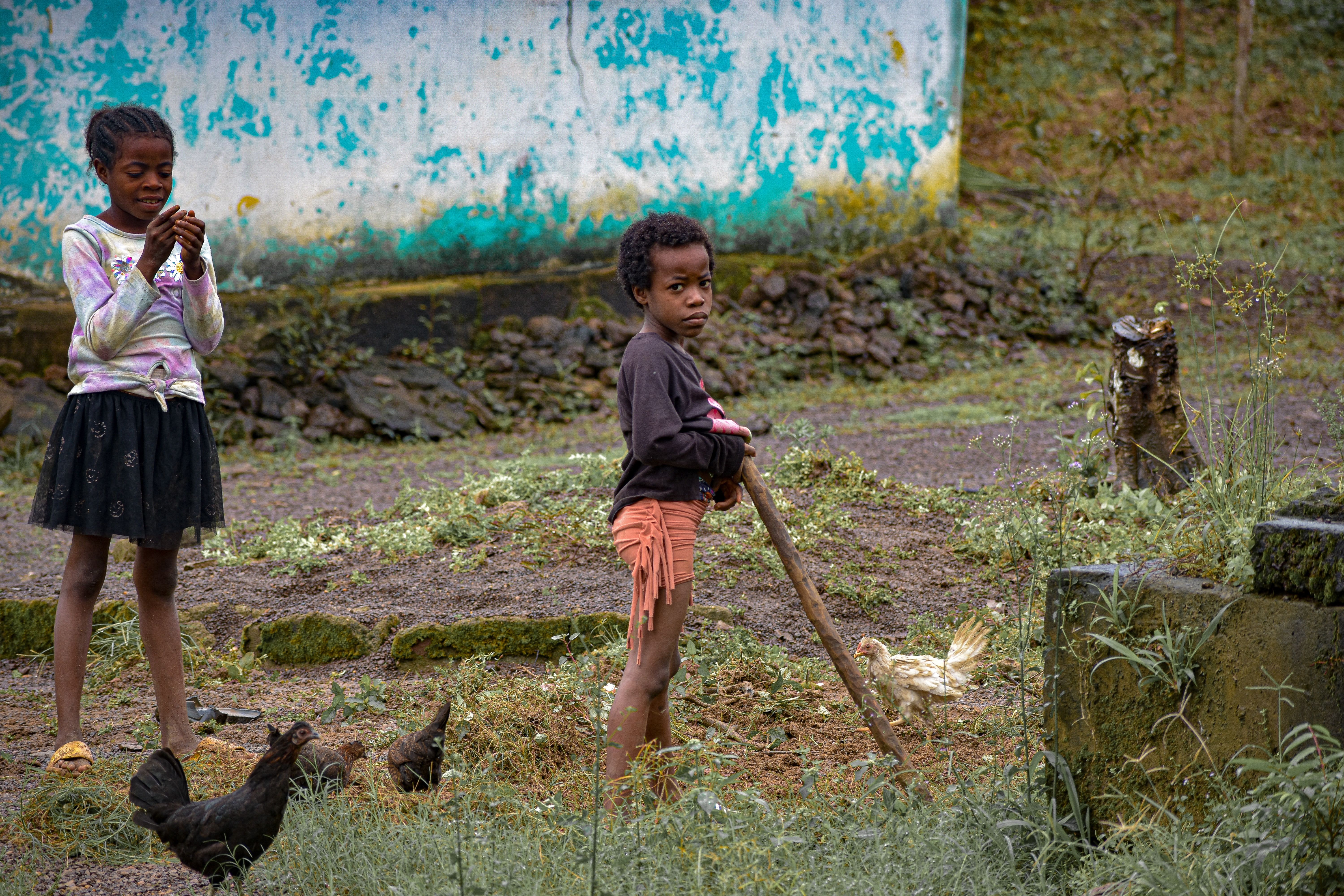 Two children in Liberia play outdoors near chickens, enjoying a rural setting.