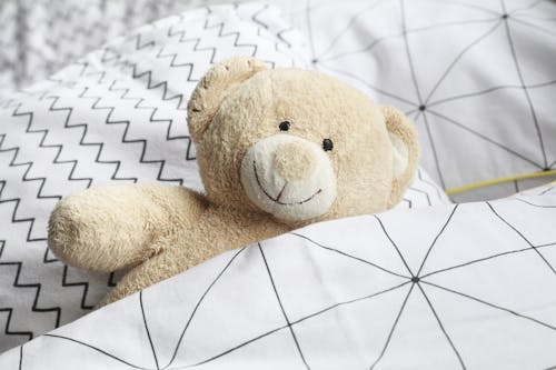Free Brown Bear Plush Toy on Bed Stock Photo