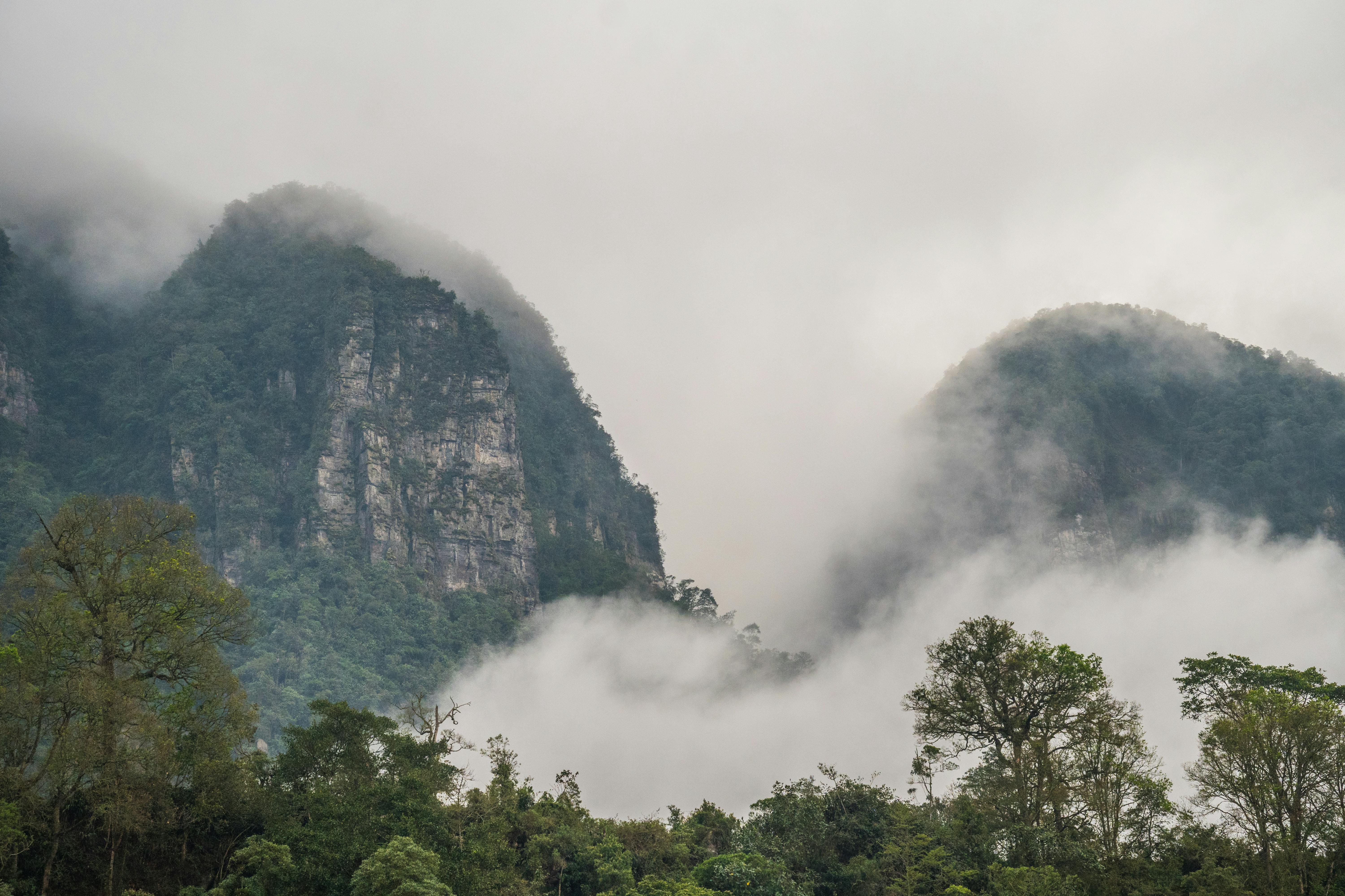Vista serena di montagne nebbiose e foreste lussureggianti a San Francisco, Cundinamarca, Colombia.