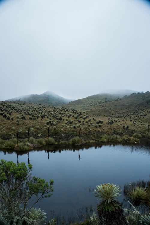 Free Tranquil morning view with fog over the hills and a calm lake in Villapinzón, Colombia. Stock Photo