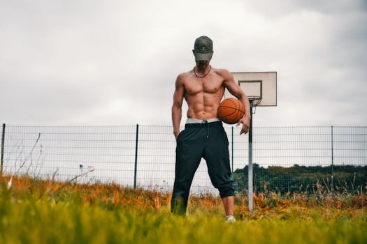 Muscular man holding a basketball on an outdoor court surrounded by grass, exuding fitness and sportsmanship.