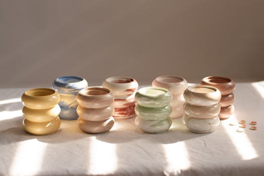 A collection of stacked ceramic vases in earthy tones displayed on a table.