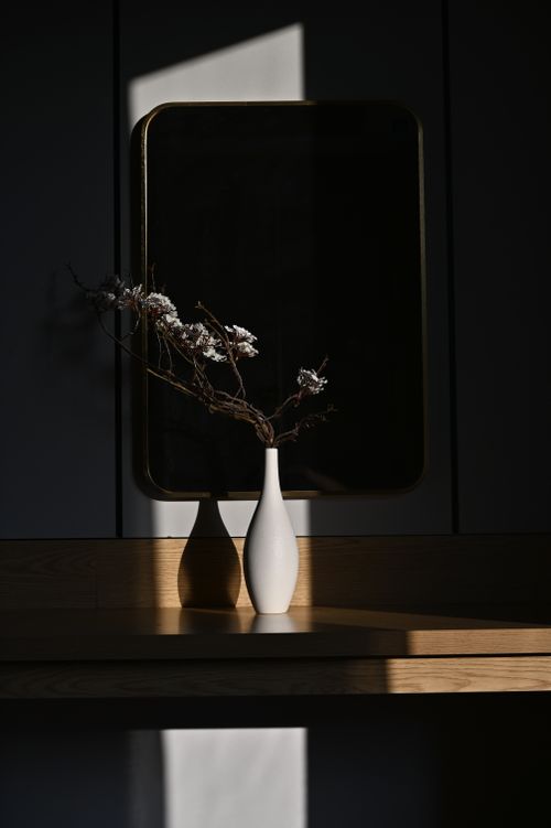 Free Minimalist still life of a white vase with flowers casting shadows in soft light. Stock Photo