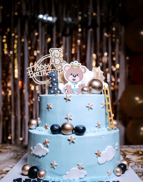Blue Teddy Bear Birthday Cake with Decorations · Free Stock Photo