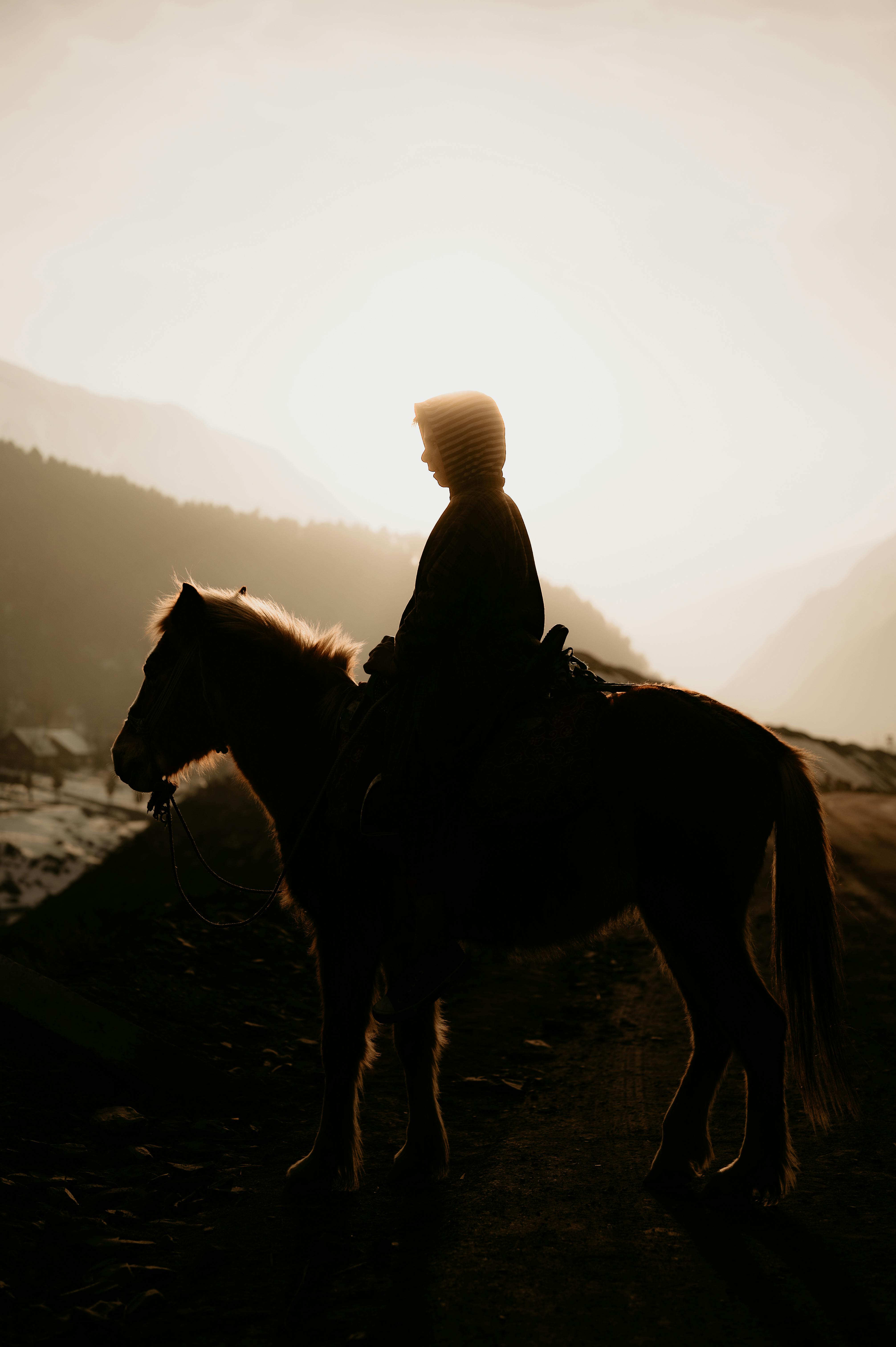 A silhouetted rider on horseback against a beautiful sunset in Sonamarg, Kashmir.