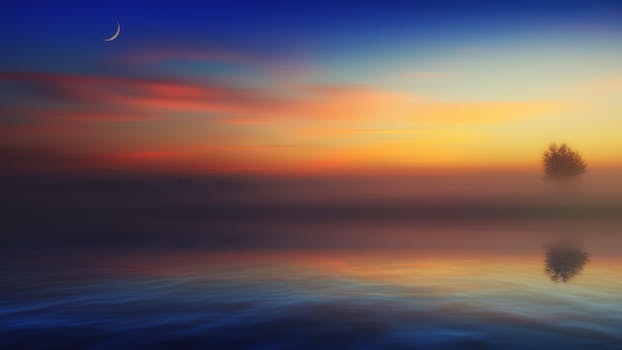 A tranquil scene depicting a colorful sunrise over a foggy lake with a crescent moon, perfect for a peaceful backdrop.