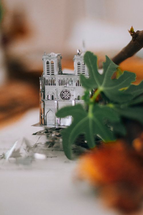 Free Close-up of a Notre-Dame miniature surrounded by fig leaves and blurred background for artistic effect. Stock Photo