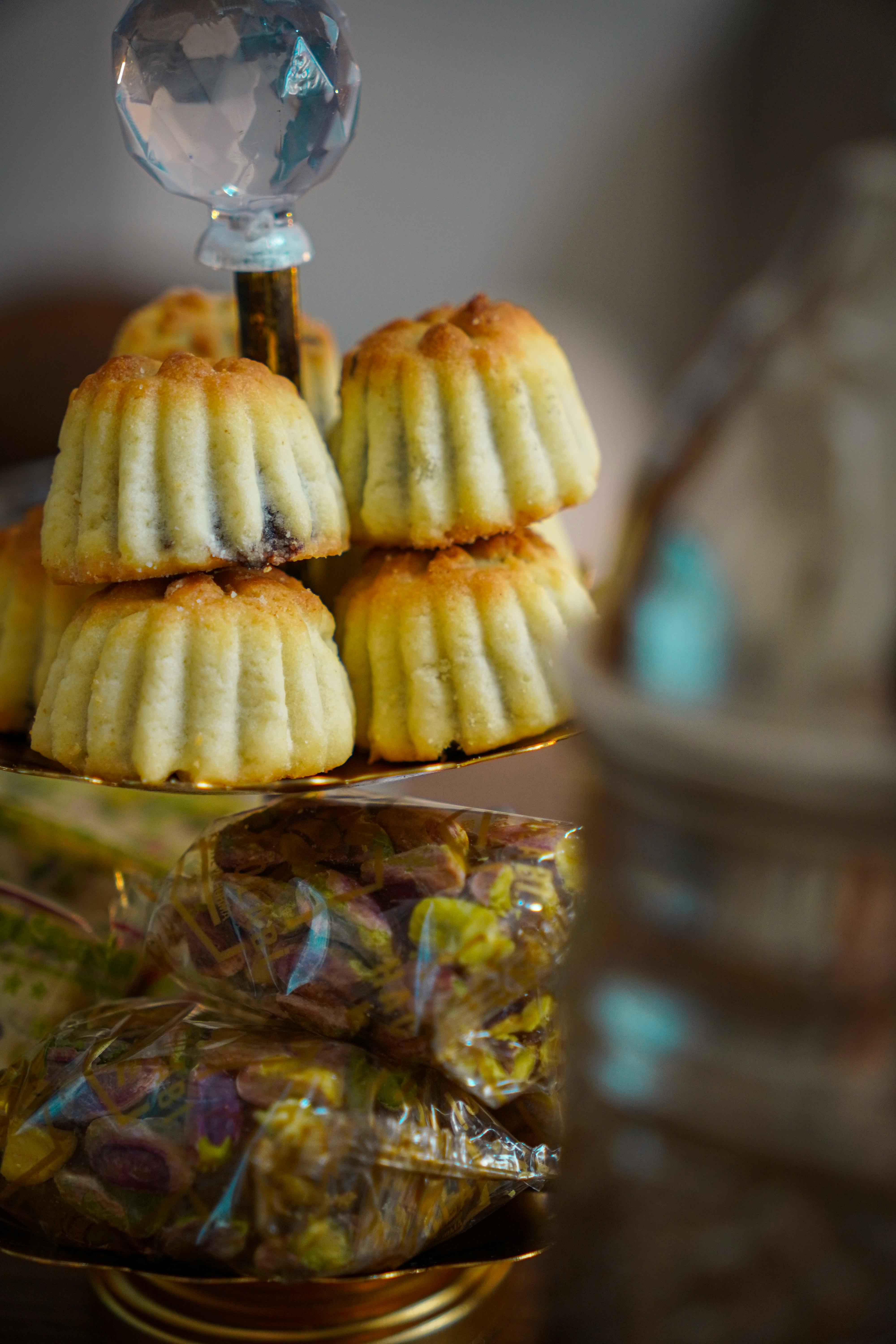 a cake stand with several cakes on it