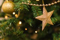 圣诞树的特写上，金色的星星和装饰品闪闪发光，还有节日的灯光和饰品点缀