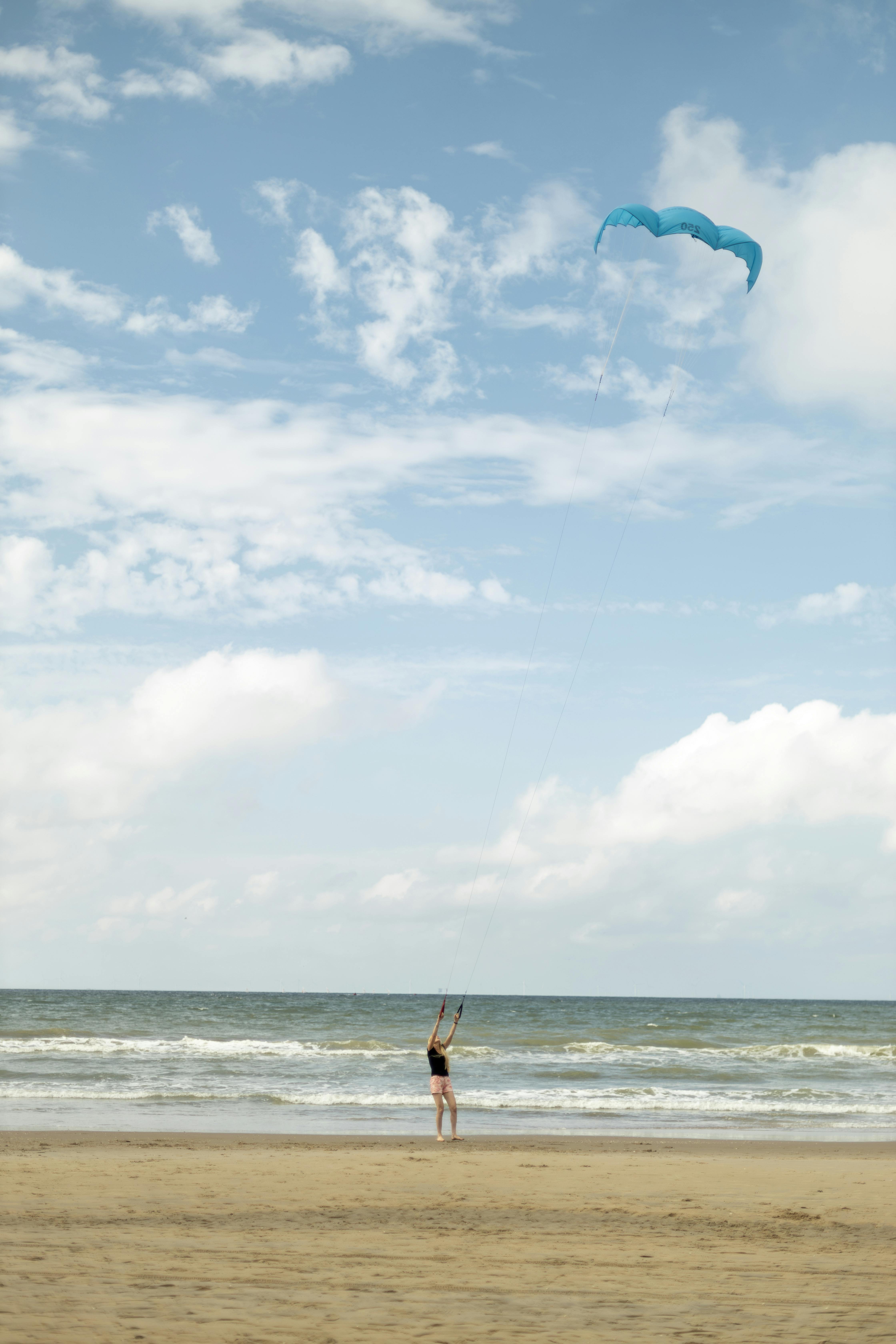 Person flying a blue kite on a sandy beach with cloudy sky and calm sea.