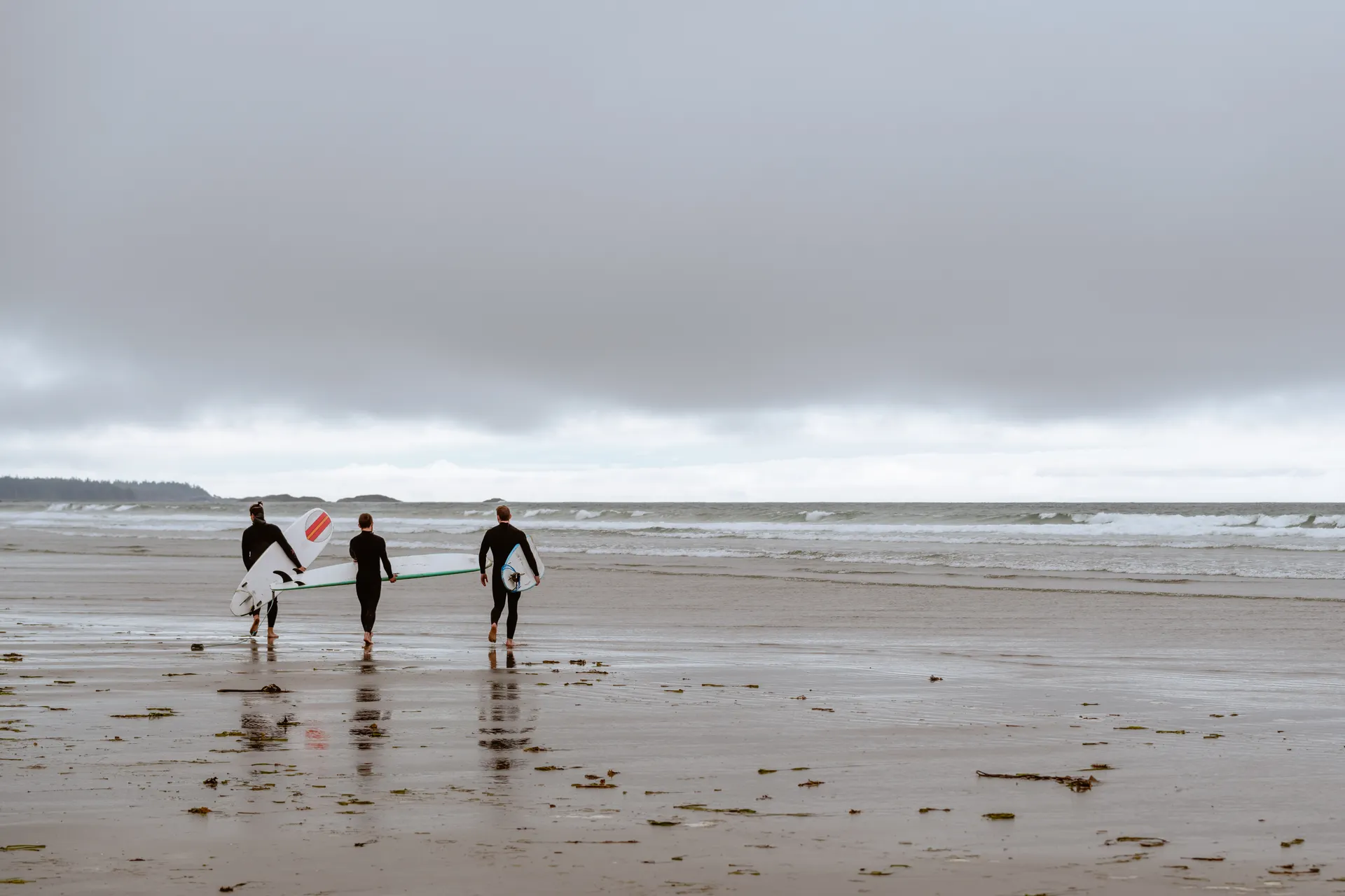 Surfers walking a wide grey beach at Tofino on Vancouver Island Surfers walking a wide grey beach at Tofino on Vancouver Island
